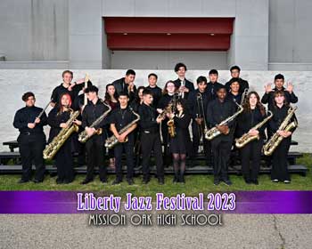 Jazz band holding their instruments and making faces. With words Liberty Jazz Festival 2023 Mission Oak High School