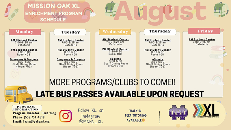 XL After-School Program Schedule for August